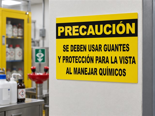 Aviso de guantes y protección visual para químicos
