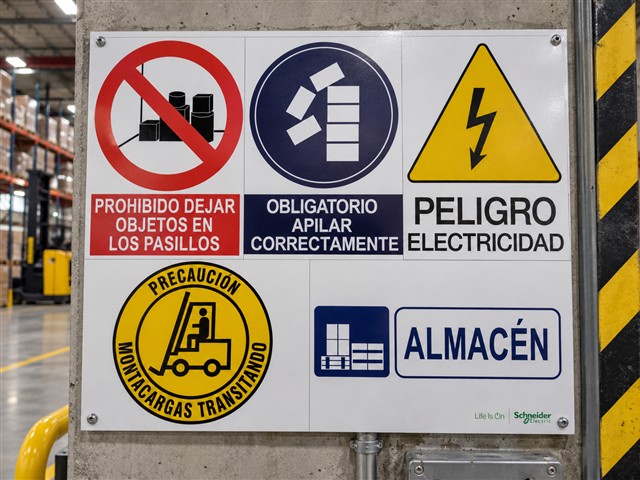 Panel de avisos y precauciones para almacén