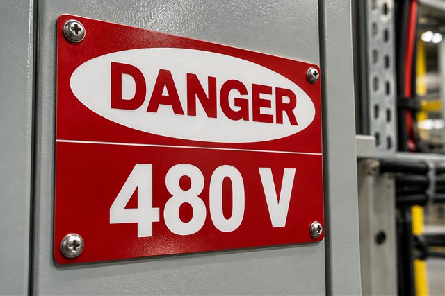Señal roja de peligro de 480 V